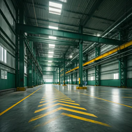 Área industrial com marcações amarelas no piso e sinalização de segurança bem visíveis