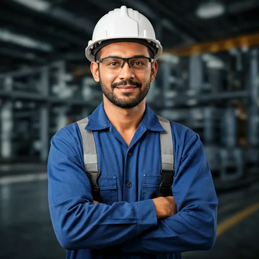Profissional com capacete e cinto de segurança atuando em estrutura industrial elevada